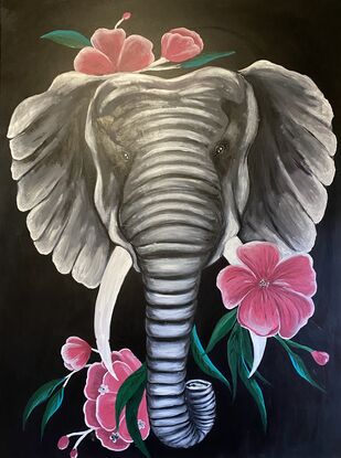 Acrylic on canvas , giant elephant describes the structure and strength of an elephant and flowers on the top shows the female elephant and its beauty. Overall its a masterpiece to gift someone with positive energy.