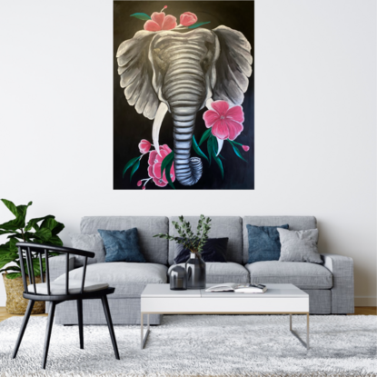 Acrylic on canvas , giant elephant describes the structure and strength of an elephant and flowers on the top shows the female elephant and its beauty. Overall its a masterpiece to gift someone with positive energy.