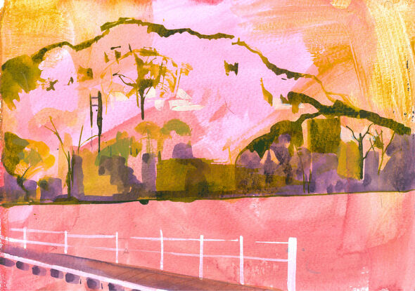 Woy Woy Bay is depicted in ink on a Fluorescent pink background. It spans across two pieces of A4 landscape pieces of paper.