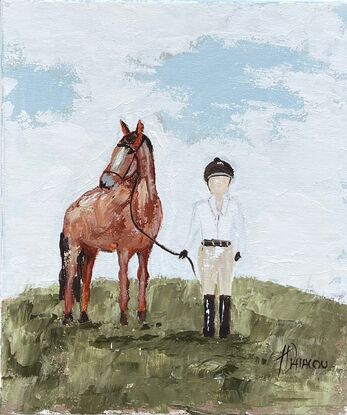 Original Figurative Farmhouse Painting featuring a girl with a horse.. 
