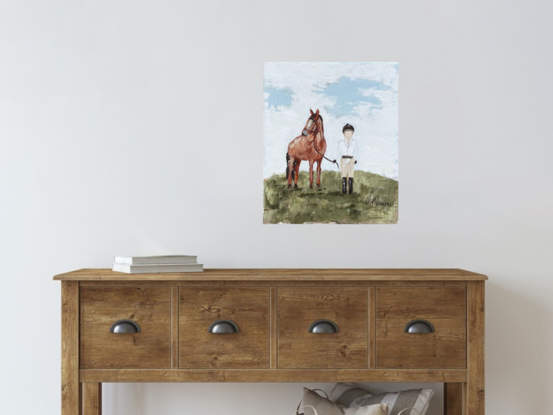 Original Figurative Farmhouse Painting featuring a girl with a horse.. 
