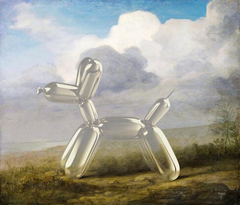 Australian landscape oil painting by naturalist George Stubbs featuring flora, fauna, and a wild dingo, reimagined as a Jeff Koons-style clear balloon animal dog from the colonial era.