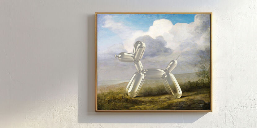 Australian landscape oil painting by naturalist George Stubbs featuring flora, fauna, and a wild dingo, reimagined as a Jeff Koons-style clear balloon animal dog from the colonial era.