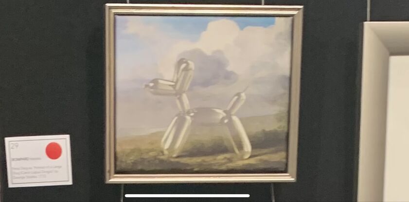 Australian landscape oil painting by naturalist George Stubbs featuring flora, fauna, and a wild dingo, reimagined as a Jeff Koons-style clear balloon animal dog from the colonial era.