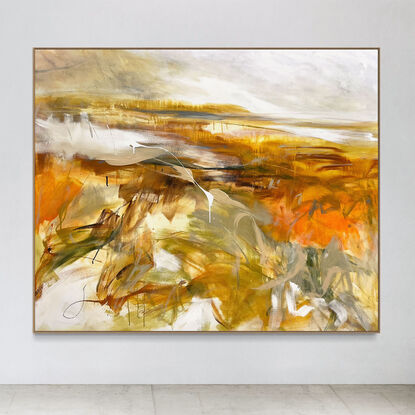 Subtle tones in warm earthy beige, apricot, orange, ochre, brown, white, grey, olive and light green combined with large expressive pencil and paint marks, across the canvas surface. 