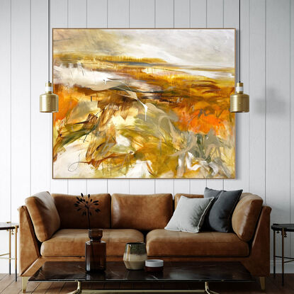 Subtle tones in warm earthy beige, apricot, orange, ochre, brown, white, grey, olive and light green combined with large expressive pencil and paint marks, across the canvas surface. 