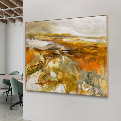 Subtle tones in warm earthy beige, apricot, orange, ochre, brown, white, grey, olive and light green combined with large expressive pencil and paint marks, across the canvas surface. 