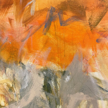 Subtle tones in warm earthy beige, apricot, orange, ochre, brown, white, grey, olive and light green combined with large expressive pencil and paint marks, across the canvas surface. 