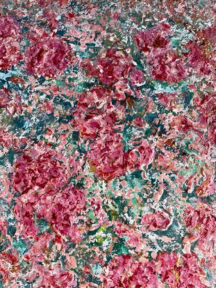 The textured pink and red coloured flowers stand out predominantly over  a green and turquoise  background.