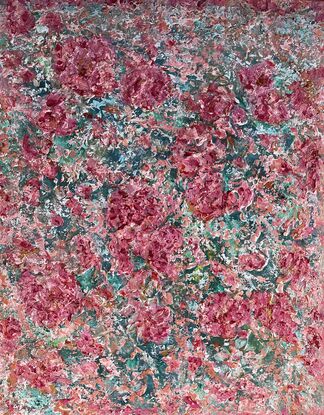 The textured pink and red coloured flowers stand out predominantly over  a green and turquoise  background.