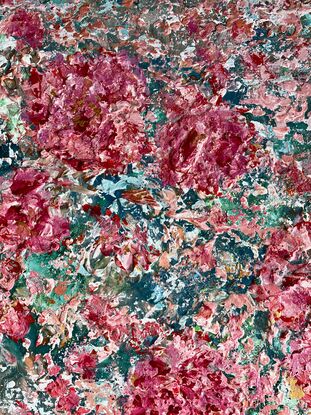 The textured pink and red coloured flowers stand out predominantly over  a green and turquoise  background.