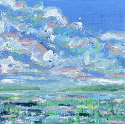 An abstracted seascape showing the movement of the clouds with expressive brushstrokes in green, pinks and blues.