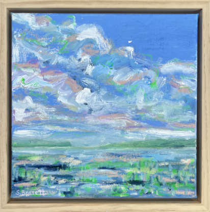 An abstracted seascape showing the movement of the clouds with expressive brushstrokes in green, pinks and blues.