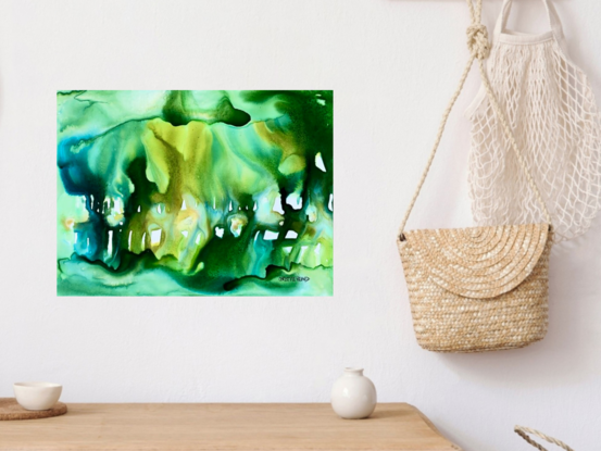 Dive into a lush and vibrant world with "Verdant," a mixed media abstract artwork that captures the dynamic interplay of greens and blues. This piece evokes a sense of mystery and organic fluidity, as if peering into a serene forest or an ethereal underwater landscape. The rich, flowing colors and intriguing shapes create a captivating visual experience that invites the viewer to explore the hidden depths within.