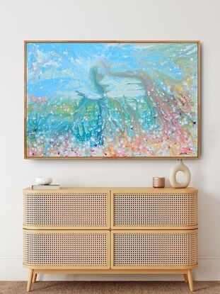 Abstract colorful landscape in textured expressionist style in light summery tones with a blue sky filled with  white summer clouds