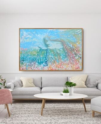 Abstract colorful landscape in textured expressionist style in light summery tones with a blue sky filled with  white summer clouds