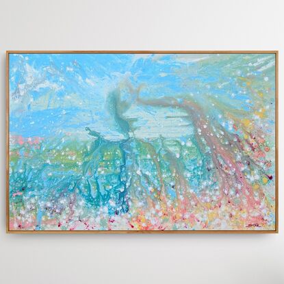 Abstract colorful landscape in textured expressionist style in light summery tones with a blue sky filled with  white summer clouds