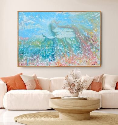 Abstract colorful landscape in textured expressionist style in light summery tones with a blue sky filled with  white summer clouds