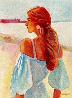 Introducing 'Reverie,' a captivating watercolour artwork that beautifully captures a serene moment of quiet contemplation. The painting features a woman with flowing auburn hair, bathed in soft light, gazing thoughtfully into the distance. The delicate interplay of cool blues and warm reds creates a harmonious contrast, while the soft brushstrokes evoke a sense of gentle breeze and tranquility. 'Reverie' is a celebration of peaceful introspection, making it a perfect addition to spaces that embrace calm and elegance.