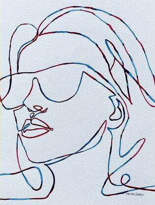 Introducing 'Silhouette,' a captivating watercolour artwork that elegantly captures the essence of modern minimalism with bold, flowing lines. This piece features a striking depiction of a woman in sunglasses, rendered in a continuous line style with red and blue hues that intertwine gracefully. The artwork exudes a sense of confidence and cool elegance, making it a perfect statement piece for contemporary interiors. 'Silhouette' invites the viewer to embrace simplicity and appreciate the beauty of form and expression.