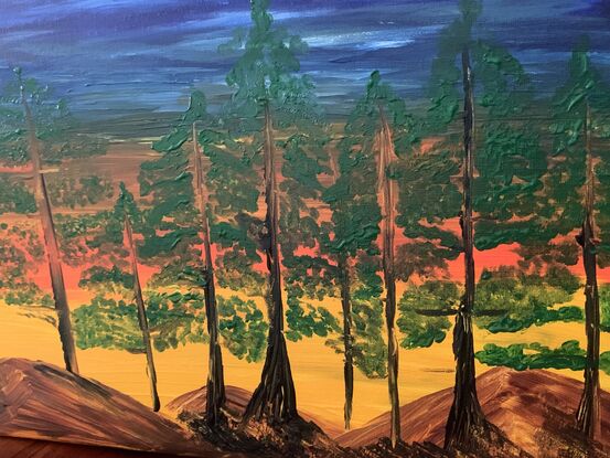 Acrylic painting mountains and trees