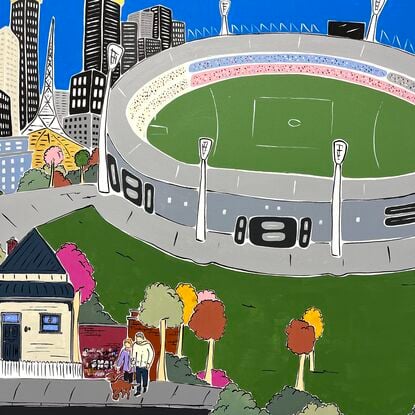 Large Melbourne cityscape, featuring MCG, Yarra bridge, skyline tram and gardens. Full of details and nostalgic Melbourne moments. 