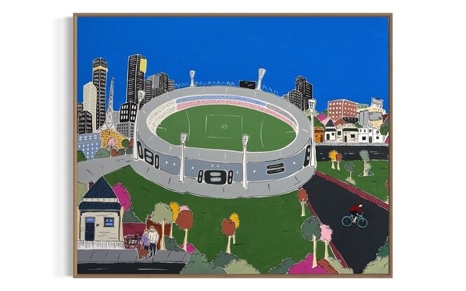 Large Melbourne cityscape, featuring MCG, Yarra bridge, skyline tram and gardens. Full of details and nostalgic Melbourne moments. 