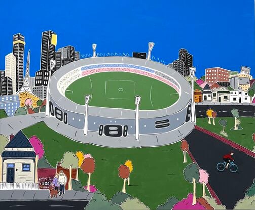 Large Melbourne cityscape, featuring MCG, Yarra bridge, skyline tram and gardens. Full of details and nostalgic Melbourne moments. 