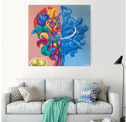 A vibrant, abstract painting featuring a swirling mass of colorful forms. The colors range from deep blue to bright yellow, with hints of red, purple, and green. The forms are interconnected and appear to be flowing and twisting. In the lower left corner, there are two bright yellow lemons. The artist's signature, "Yelena," is located in the lower right corner.