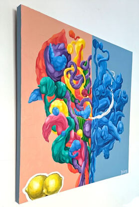 A vibrant, abstract painting featuring a swirling mass of colorful forms. The colors range from deep blue to bright yellow, with hints of red, purple, and green. The forms are interconnected and appear to be flowing and twisting. In the lower left corner, there are two bright yellow lemons. The artist's signature, "Yelena," is located in the lower right corner.