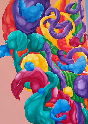 A vibrant, abstract painting featuring a swirling mass of colorful forms. The colors range from deep blue to bright yellow, with hints of red, purple, and green. The forms are interconnected and appear to be flowing and twisting. In the lower left corner, there are two bright yellow lemons. The artist's signature, "Yelena," is located in the lower right corner.