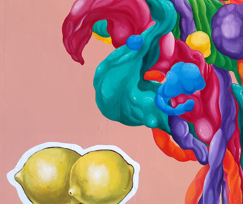 A vibrant, abstract painting featuring a swirling mass of colorful forms. The colors range from deep blue to bright yellow, with hints of red, purple, and green. The forms are interconnected and appear to be flowing and twisting. In the lower left corner, there are two bright yellow lemons. The artist's signature, "Yelena," is located in the lower right corner.