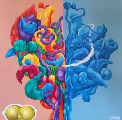 A vibrant, abstract painting featuring a swirling mass of colorful forms. The colors range from deep blue to bright yellow, with hints of red, purple, and green. The forms are interconnected and appear to be flowing and twisting. In the lower left corner, there are two bright yellow lemons. The artist's signature, "Yelena," is located in the lower right corner.