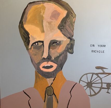 A man faces the viewer, behing him his bicycle and in stencilled letters: On your bicycle. Blue background