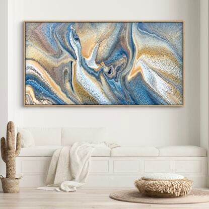 Blue and gold beach inspired acrylic painting with a varnish finish