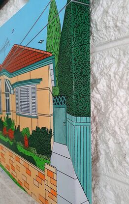 This artwork is inspired by the bygone days of Australian suburbia and the houses that use to fill its streets. The beige fibro house, light coloured brick fence, green metal striped awnings and a beautifully manicured garden with splashes of orange colour. Blue skies, lush green trees and birds in the sky.  Happy memories of a much simpler time. 