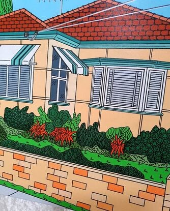 This artwork is inspired by the bygone days of Australian suburbia and the houses that use to fill its streets. The beige fibro house, light coloured brick fence, green metal striped awnings and a beautifully manicured garden with splashes of orange colour. Blue skies, lush green trees and birds in the sky.  Happy memories of a much simpler time. 