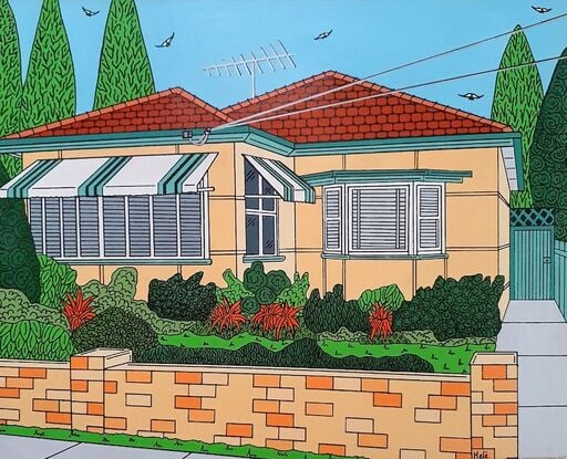 This artwork is inspired by the bygone days of Australian suburbia and the houses that use to fill its streets. The beige fibro house, light coloured brick fence, green metal striped awnings and a beautifully manicured garden with splashes of orange colour. Blue skies, lush green trees and birds in the sky.  Happy memories of a much simpler time. 