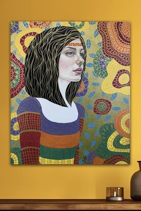 A beautiful young woman stands in a formal abstracted room. Art Nouveau style image, after Klimt. Golden embellishment over jewel colours. 