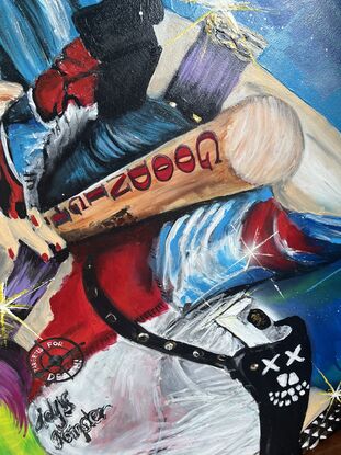 A Vibrant Acrylic Tribute to Harley Quinn, Capturing Her Boldness and Risk in a Contemporary Abstract Style, as She Wields a Baseball Bat in a World of Chaos