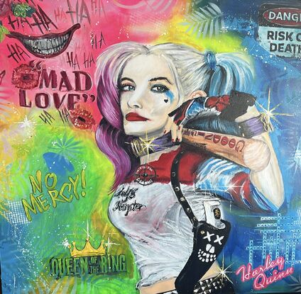 A Vibrant Acrylic Tribute to Harley Quinn, Capturing Her Boldness and Risk in a Contemporary Abstract Style, as She Wields a Baseball Bat in a World of Chaos