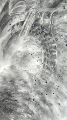 The painting depicts the moment when a motorcycle rider leaps up in an off-road race. Through the delicate brushstrokes of charcoal, the artist captures the dynamics of the motorcycle speeding by, and the splashing dirt and gravel are like energy bursting out in all directions, and the whole picture is full of symbols of wildness and freedom.