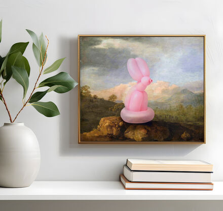 Australian landscape flora and fauna colonial era oil painting by naturalist master George Stubbs with marsupial kangaroo reimagined as a Jeff Koons style pink balloon animal rabbit. 