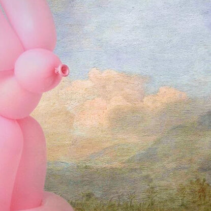 Australian landscape flora and fauna colonial era oil painting by naturalist master George Stubbs with marsupial kangaroo reimagined as a Jeff Koons style pink balloon animal rabbit. 