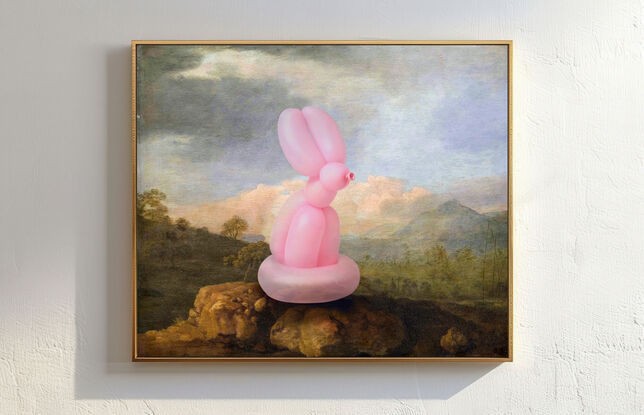 Australian landscape flora and fauna colonial era oil painting by naturalist master George Stubbs with marsupial kangaroo reimagined as a Jeff Koons style pink balloon animal rabbit. 