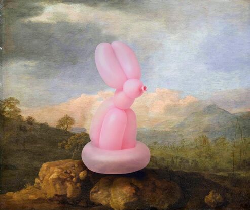 Australian landscape flora and fauna colonial era oil painting by naturalist master George Stubbs with marsupial kangaroo reimagined as a Jeff Koons style pink balloon animal rabbit. 