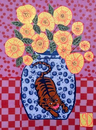 Tiger, as an ancient Chinese animal symbol is an emblem of dignity, ferocity, sternness, courage, and by itself is Yin energy.  Yellow peonies typically symbolise happiness, warmth, and friendship. 