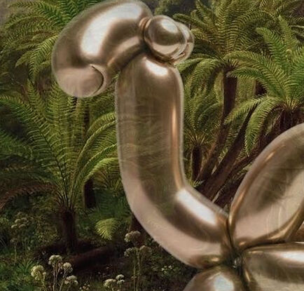 Australian landscape flora and fauna colonial-era oil painting by naturalist Eugene von Guérard, with a lyrebird reimagined as a Jeff Koons-style reflective gold metallic gold balloon animal camel. 