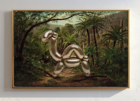 Australian landscape flora and fauna colonial-era oil painting by naturalist Eugene von Guérard, with a lyrebird reimagined as a Jeff Koons-style reflective gold metallic gold balloon animal camel. 