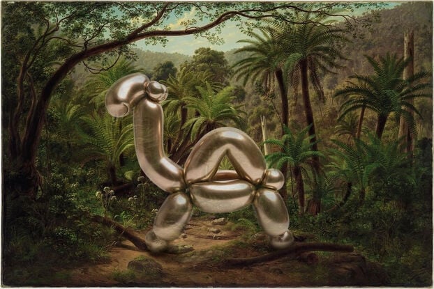 Australian landscape flora and fauna colonial-era oil painting by naturalist Eugene von Guérard, with a lyrebird reimagined as a Jeff Koons-style reflective gold metallic gold balloon animal camel. 